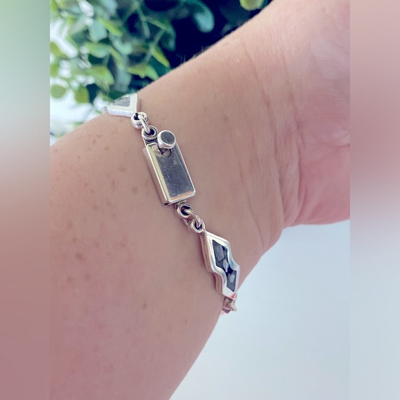 Vintage Mexico Taxco Sterling Silver Abalone Inlay link Hinged 7.25” Bracelet - Picture 6 of 9